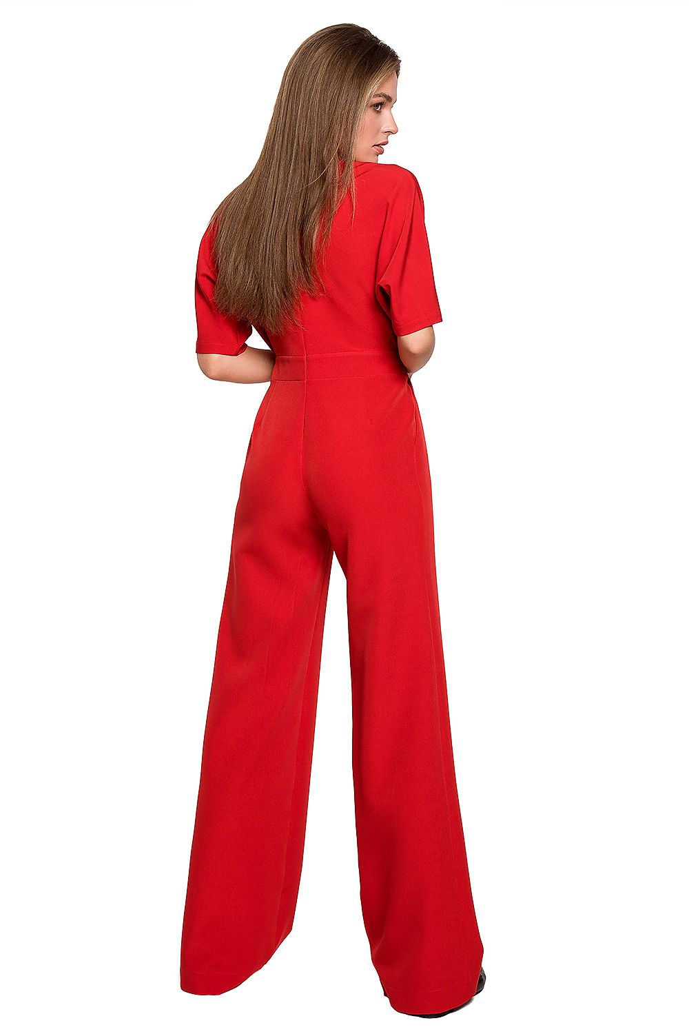 Stylove Wide Leg Batwing Sleeve Jumpsuit with Covered Zip - Elegant trousers for modern style, viewed from the back in striking red, emphasizing the contemporary silhouette.