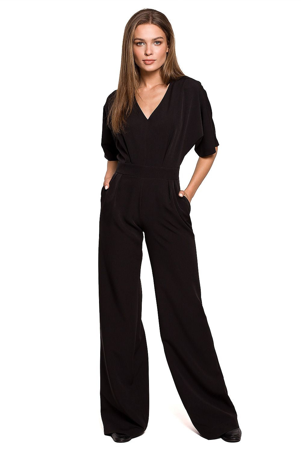 Stylove Wide Leg Batwing Sleeve Jumpsuit with Covered Zip - Elegant trousers for modern style, displayed in timeless black, exuding sophistication and effortless elegance.