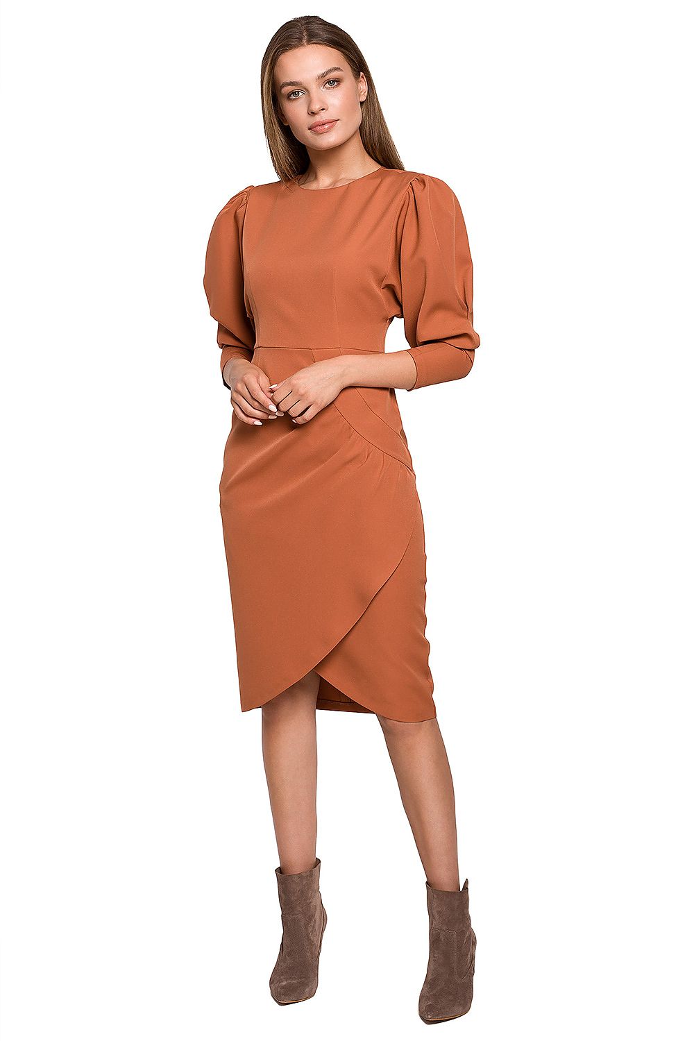 Stylove Elegant Daydress with Buffet Sleeves and Concealed Zip Fastening in a rich terracotta hue, modelled with stylish ankle boots, showcasing a flattering silhouette perfect for any occasion.