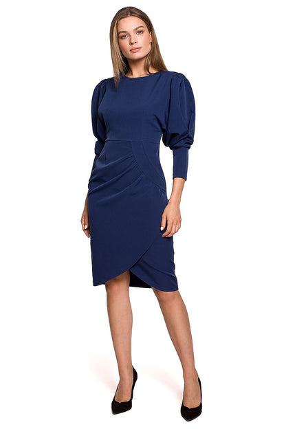 Stylove Elegant Daydress with Buffet Sleeves and Concealed Zip Fastening in a sophisticated navy colour, modelled by a graceful female figure, exuding elegance perfect for any occasion.