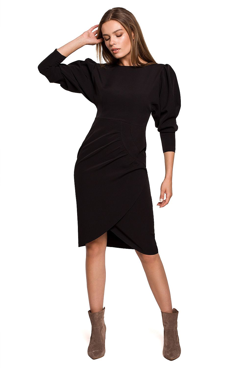 Stylove Elegant Daydress with Buffet Sleeves and Concealed Zip Fastening, presented in classic black, elegantly draped to accentuate a refined look, perfect for any occasion.