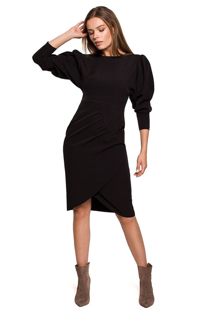 Stylove Elegant Daydress with Buffet Sleeves and Concealed Zip Fastening, presented in classic black, elegantly draped to accentuate a refined look, perfect for any occasion.