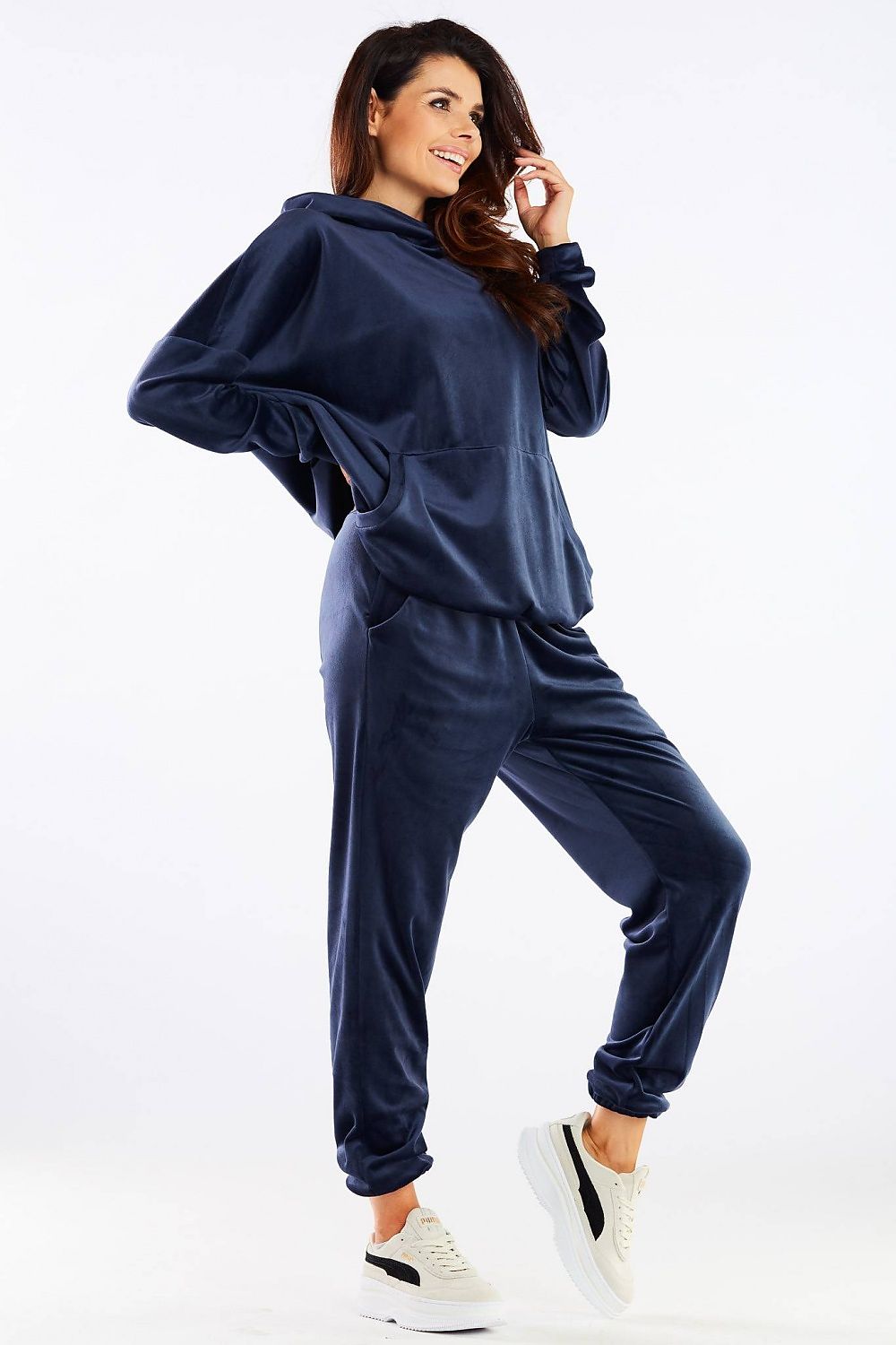 Luxury Awama Velour Tracksuit Trousers - Loose Fit, Made in Poland, featuring a chic front pose highlighting the soft velour fabric and relaxed design.