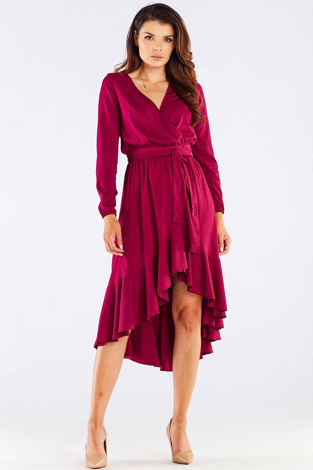Elegant Awama Ladies Cocktail Dress with Envelope Neckline and Frill Detail in Natural Viscose, showcased on a model, featuring a stylish wrap design in rich berry colour and delicate frill hem, perfect for sophisticated evening occasions.