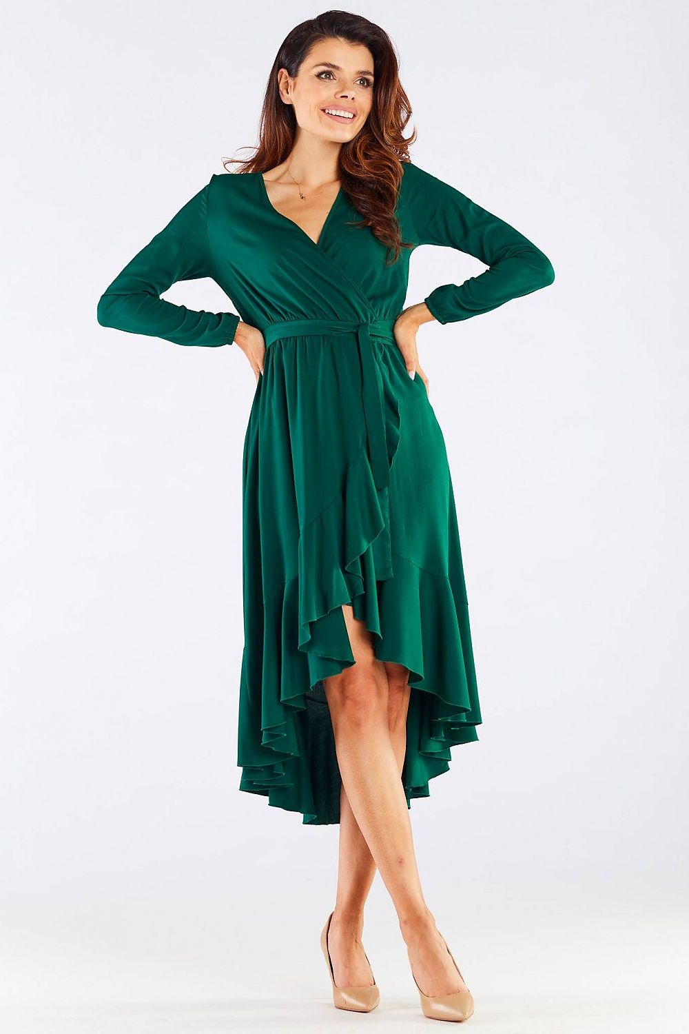 Elegant Awama Ladies Cocktail Dress with Envelope Neckline and Frill Detail in Natural Viscose displayed on a model, showcasing the rich green fabric and flattering silhouette.