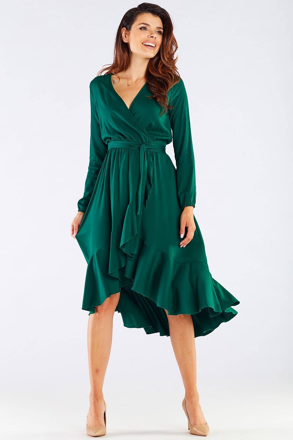 Elegant Awama Ladies Cocktail Dress with Envelope Neckline and Frill Detail in Natural Viscose, front view on a model, highlighting the flowing skirt and stylish waist tie.