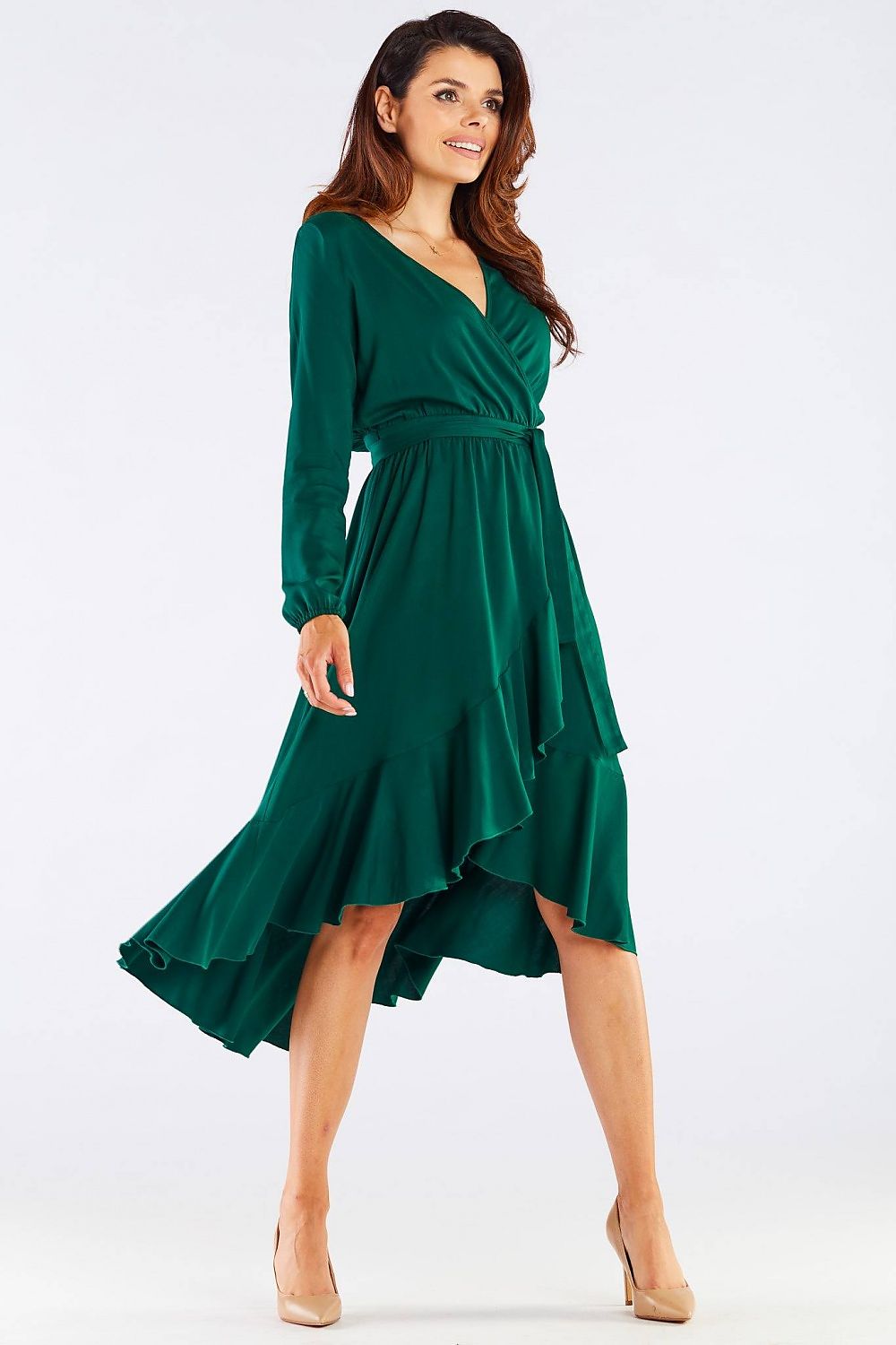 Elegant Awama Ladies Cocktail Dress with Envelope Neckline and Frill Detail in Natural Viscose, showcased on a model, gracefully showcasing the draped silhouette.