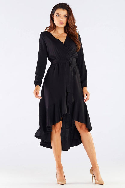 Elegant Awama Ladies Cocktail Dress with Envelope Neckline and Frill Detail in Natural Viscose, model wearing the dress in classic black, highlighting its sophisticated design.
