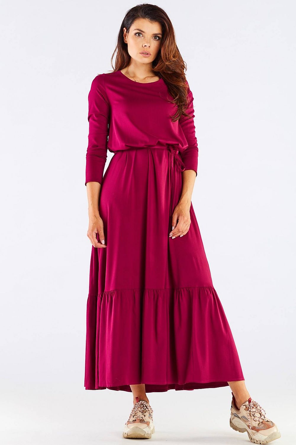 Luxurious Viscose Kimono Cut Day Dress with Frill and Belt by Awama, Made in Poland, showcased on a model in a stunning rich burgundy hue, exuding elegance and charm.