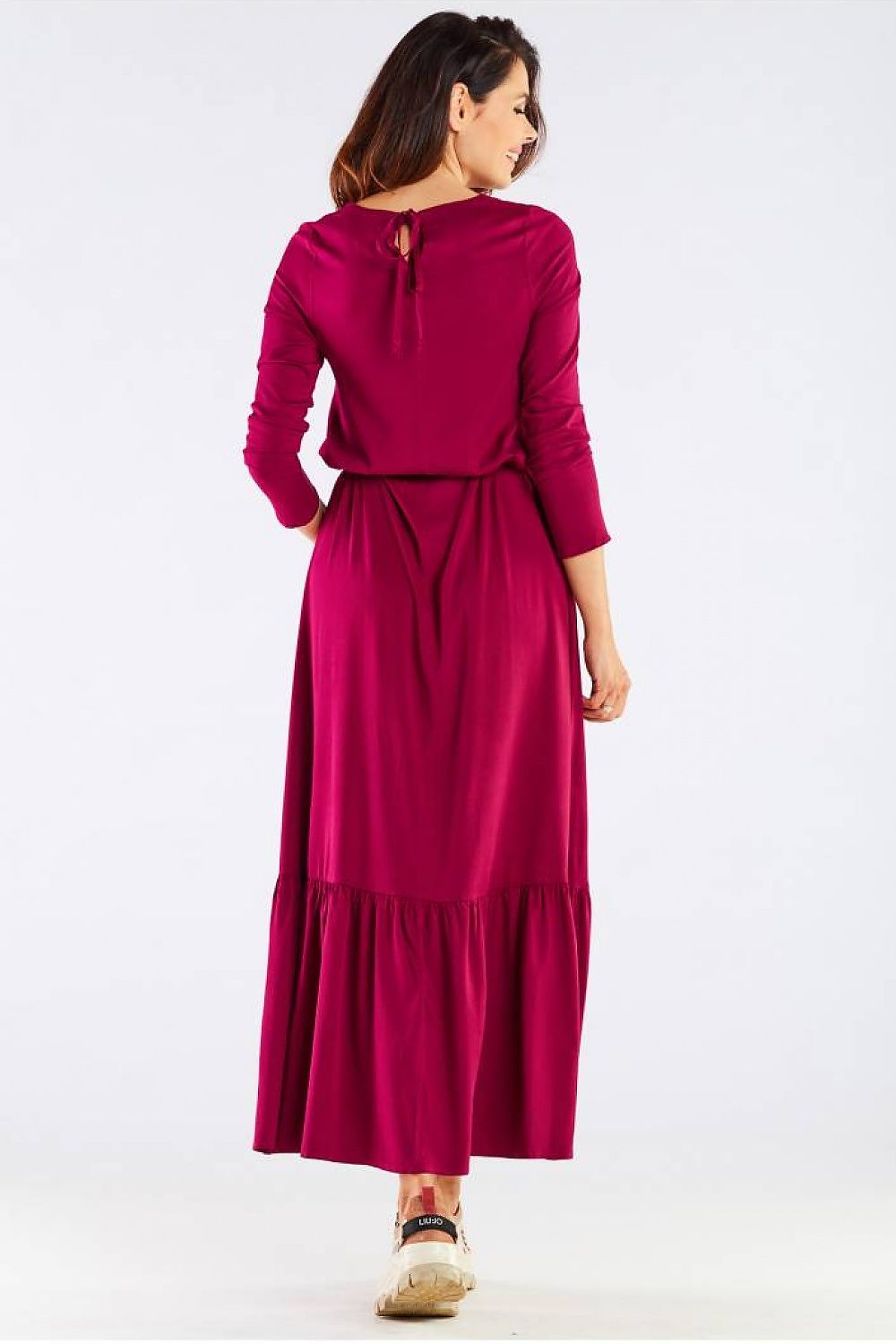 Luxurious Viscose Kimono Cut Day Dress with Frill and Belt by Awama, showcasing a beautiful back view in a vibrant fuchsia colour, perfect for elegant occasions, crafted in Poland.