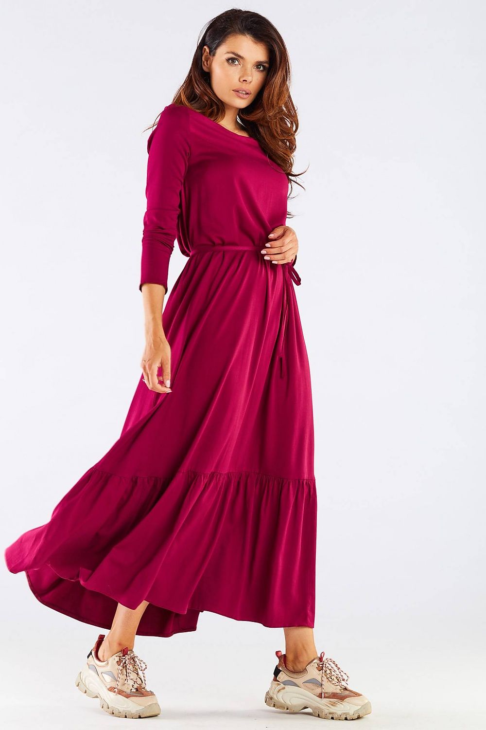 Luxurious Viscose Kimono Cut Day Dress with Frill and Belt by Awama, model in a stunning side pose wearing a fuchsia dress, ideal for both casual and chic evening outings, made in Poland.