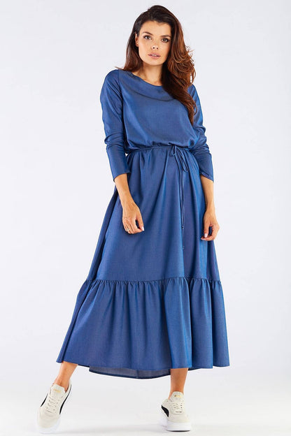 Luxurious Viscose Kimono Cut Day Dress with Frill and Belt by Awama, featuring a striking front view in a rich denim blue, designed for a flattering silhouette, crafted in Poland.