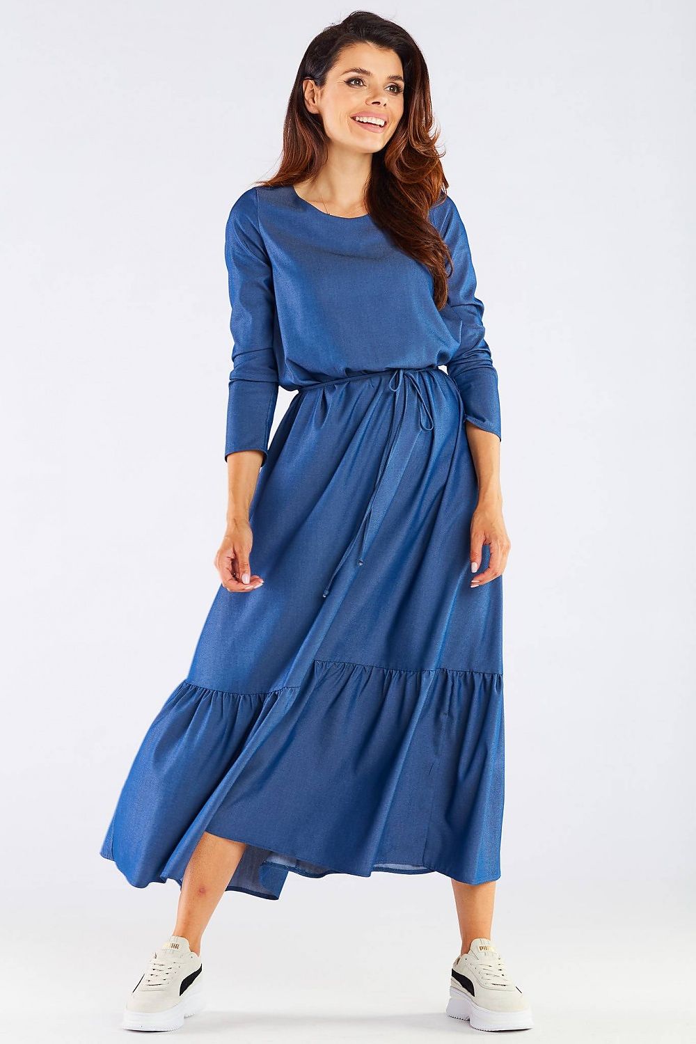 Luxurious Viscose Kimono Cut Day Dress with Frill and Belt by Awama, showcasing the model in a dynamic pose, exuding elegance in a denim blue shade, made in Poland.