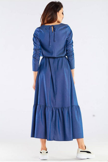 Luxurious Viscose Kimono Cut Day Dress with Frill and Belt by Awama, displaying a graceful rear view of the denim blue dress with a stylish back tie, crafted in Poland.