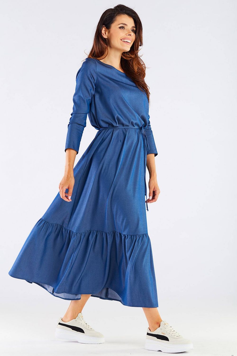 Luxurious Viscose Kimono Cut Day Dress with Frill and Belt by Awama, featuring a chic blue design, elegant long sleeves, and a flowing hem that creates a sophisticated look. Perfect for stylish day or evening wear.