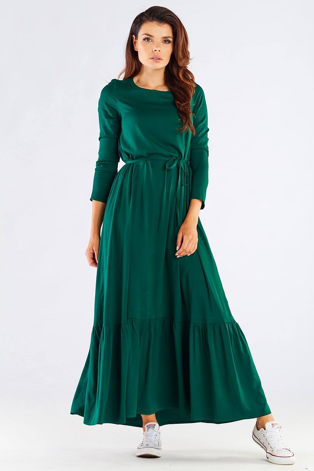 Luxurious Viscose Kimono Cut Day Dress with Frill and Belt by Awama, showcased in a vibrant green colour, featuring a flattering belt that enhances the waist and a gentle frill for an elegant touch. Ideal for casual or formal occasions.