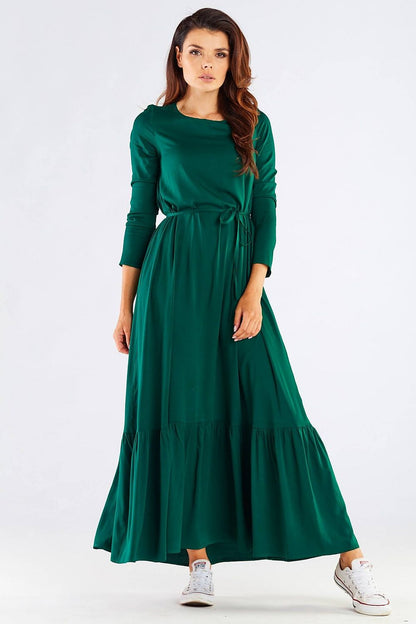 Luxurious Viscose Kimono Cut Day Dress with Frill and Belt by Awama, showcased in a vibrant green colour, featuring a flattering belt that enhances the waist and a gentle frill for an elegant touch. Ideal for casual or formal occasions.