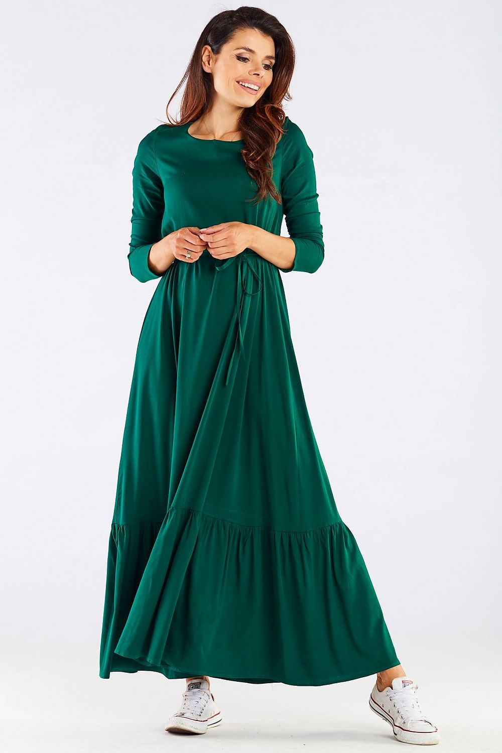 Luxurious Viscose Kimono Cut Day Dress with Frill and Belt by Awama, designed in elegant green, highlighting the intricate frill detail at the hem and a comfortable kimono cut that offers both style and ease.