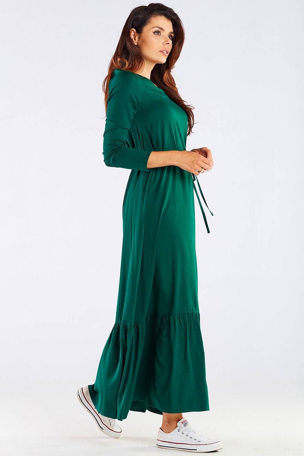 Luxurious Viscose Kimono Cut Day Dress with Frill and Belt by Awama, elegantly modelled in green, illustrating the relaxed fit, frill details, and easy-going style perfect for both day and night events.