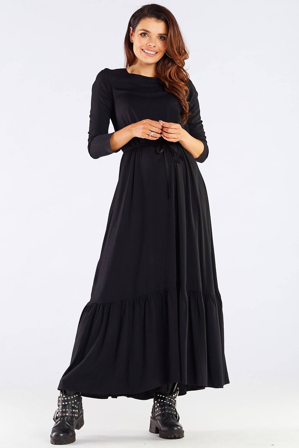 Luxurious Viscose Kimono Cut Day Dress with Frill and Belt by Awama in black, featuring a model showcasing the dress with a stylish belt and girlish charm.
