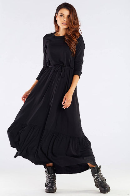 Luxurious Viscose Kimono Cut Day Dress with Frill and Belt by Awama, elegantly worn by a model in black, highlighting its flowing design and comfortable fit.