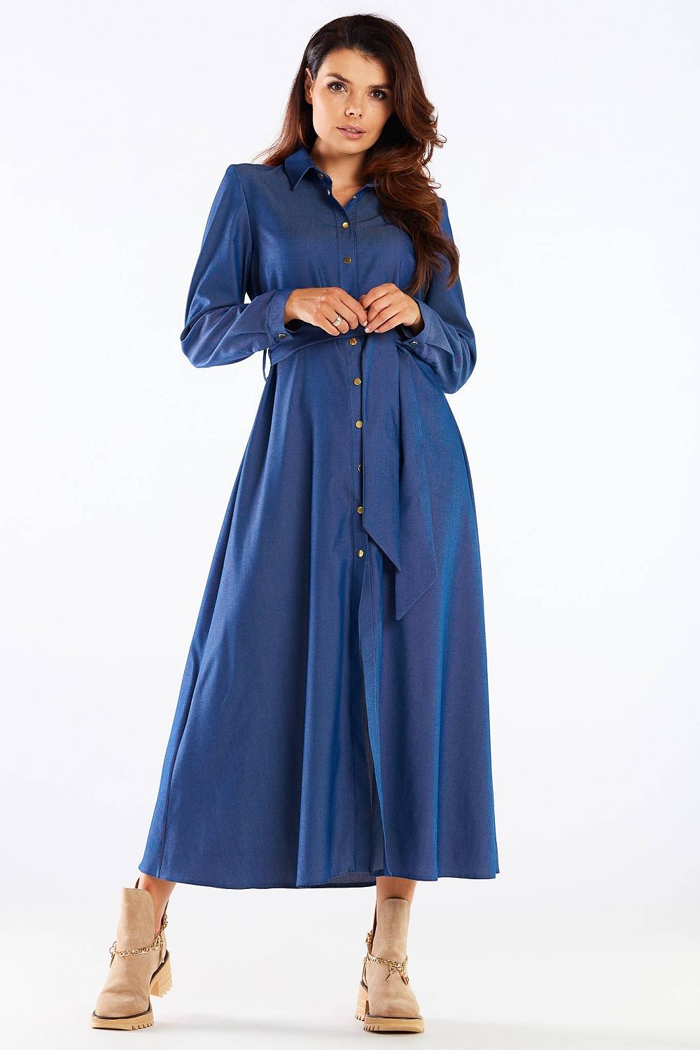 Elegant maxi dress with buttoned trapeze bottom and collared belt, showcasing a light and airy Awama design in a deep blue hue, perfect for any occasion.