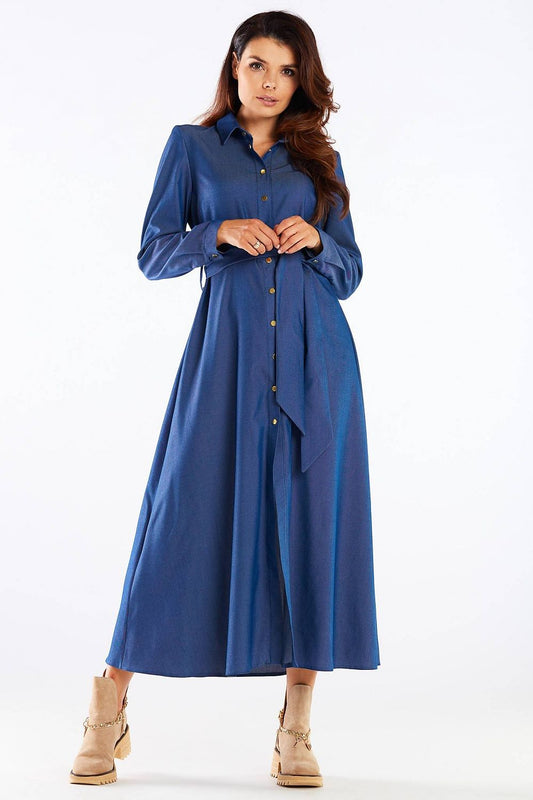 Elegant maxi dress with buttoned trapeze bottom and collared belt, showcasing a light and airy Awama design in a deep blue hue, perfect for any occasion.