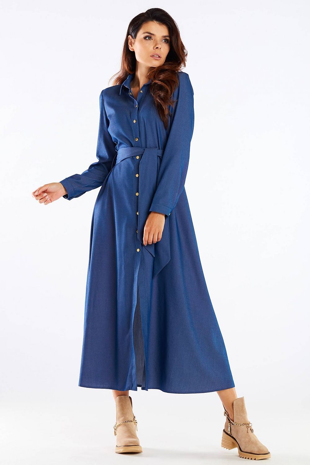 Chic maxi dress featuring a shirt top design, buttoned trapeze bottom, and collared belt, styled in a luxurious blue fabric, ideal for adding a sophisticated touch to your wardrobe.