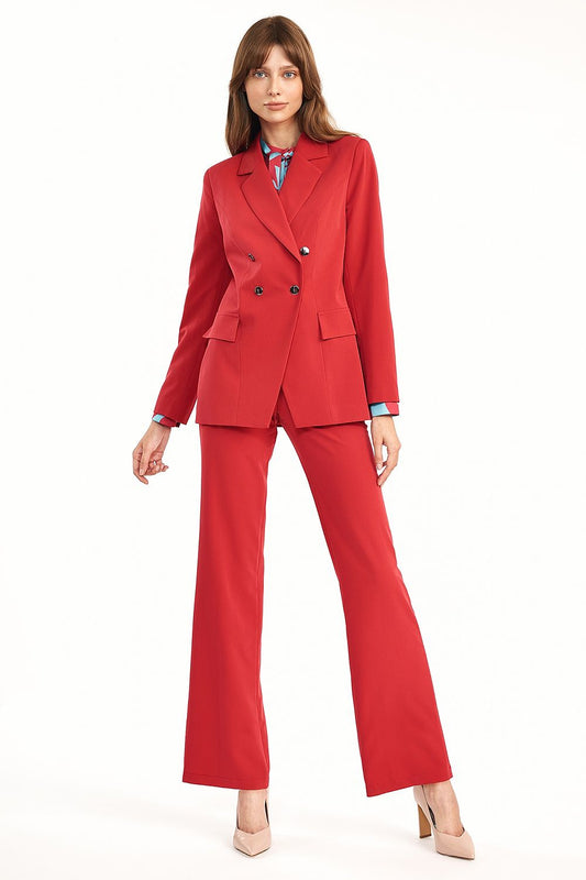 Nife Double-Breasted Jacket in Autumn Colours – Tailored Fit for Every Figure, showcased with elegant high-waisted trousers, exuding sophistication and style.