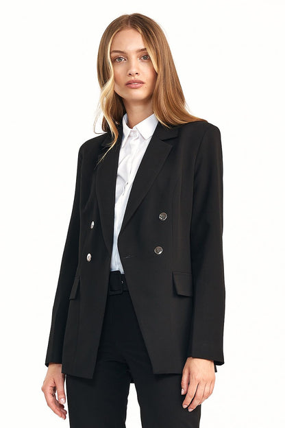 Nife Double-Breasted Jacket in classic black, tailored fit for every figure, worn with a crisp white shirt, an embodiment of elegance in modern fashion.