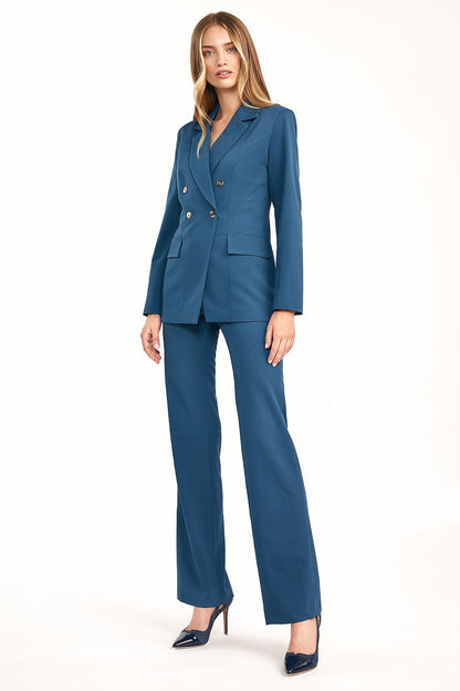 Nife Double-Breasted Jacket in Autumn Colours – Tailored Fit for Every Figure, showcased on a model with matching tailored trousers and high heels.