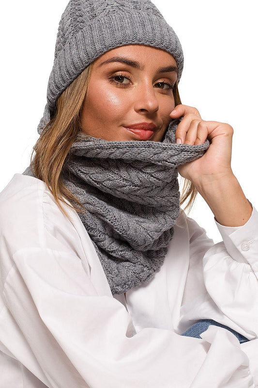 Luxury Thick Plaid Knit Infinity Scarf for Autumn and Winter by BE Knit, styled elegantly with a matching grey knitted beanie, showcasing a model with radiant skin and a chic outfit.