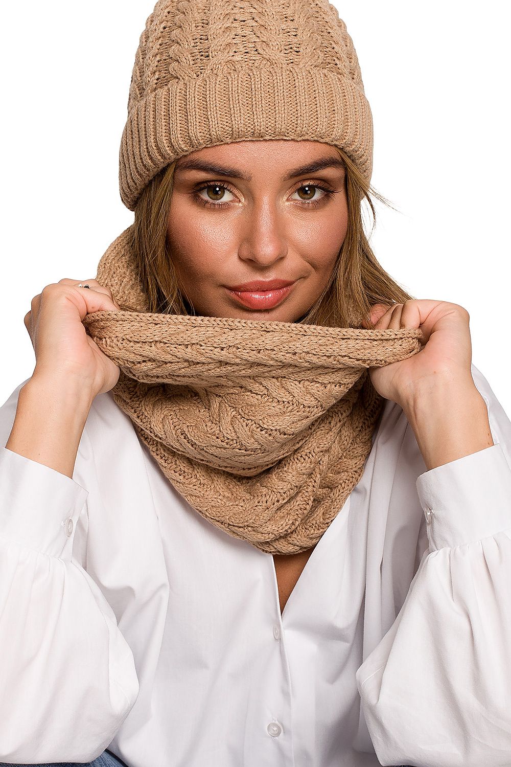 Luxury Thick Plaid Knit Infinity Scarf for Autumn and Winter by BE Knit, paired beautifully with a light brown knitted beanie, captured on a model exuding a sophisticated look.