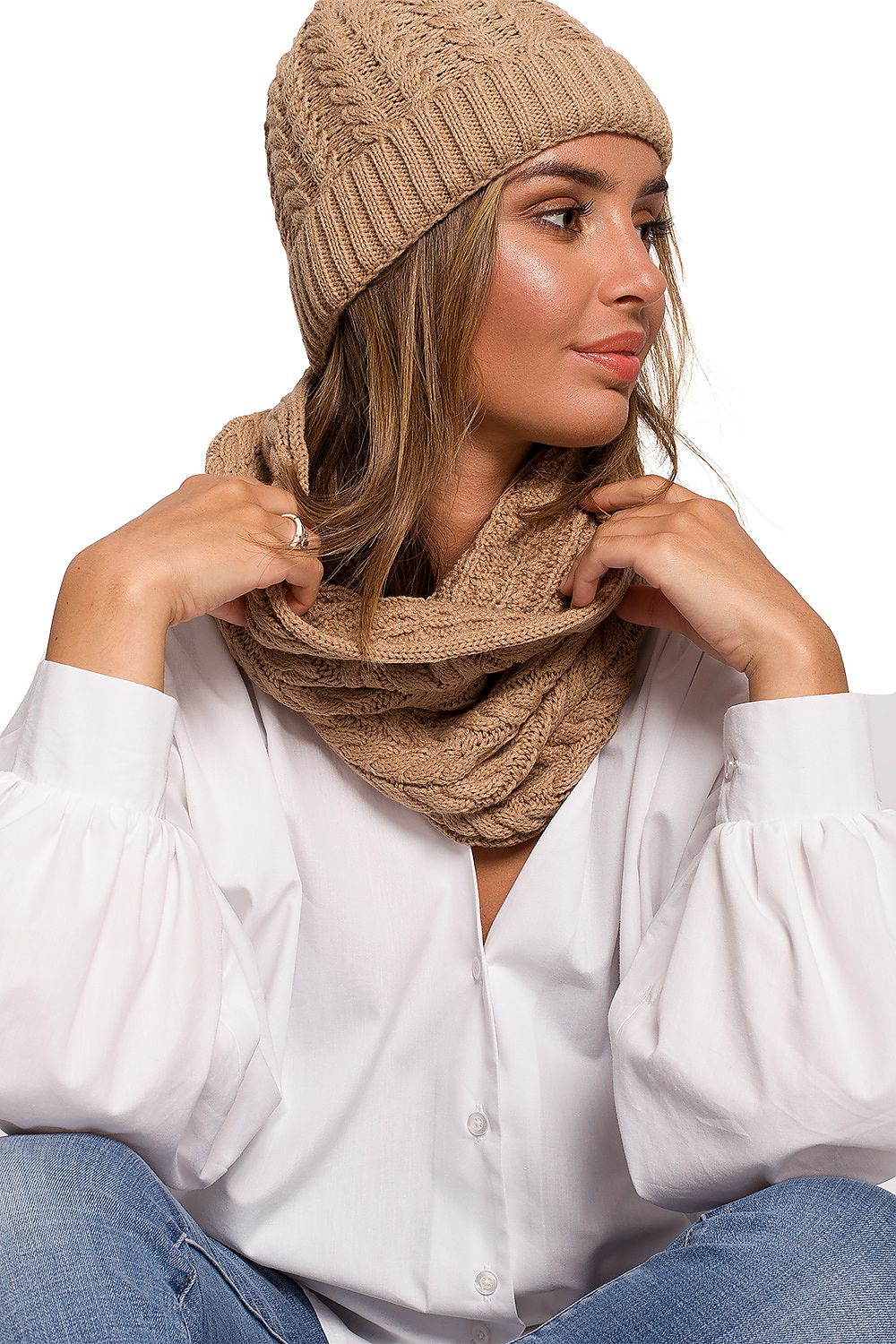 Luxury Thick Plaid Knit Infinity Scarf for Autumn and Winter by BE Knit, elegantly draped around a model's neck, complementing her casual chic attire in a stylish pose.