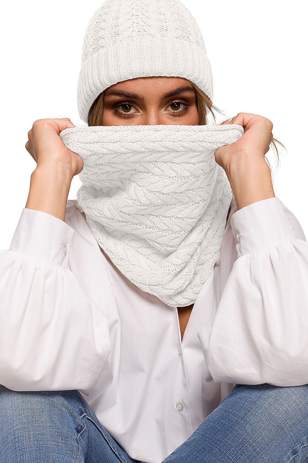 Luxury Thick Plaid Knit Infinity Scarf for Autumn and Winter by BE Knit, worn stylishly by a model, who playfully showcases the scarf while dressed in a crisp white blouse.