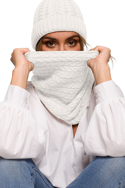 Luxury Thick Plaid Knit Infinity Scarf for Autumn and Winter by BE Knit, worn stylishly by a model, who playfully showcases the scarf while dressed in a crisp white blouse.