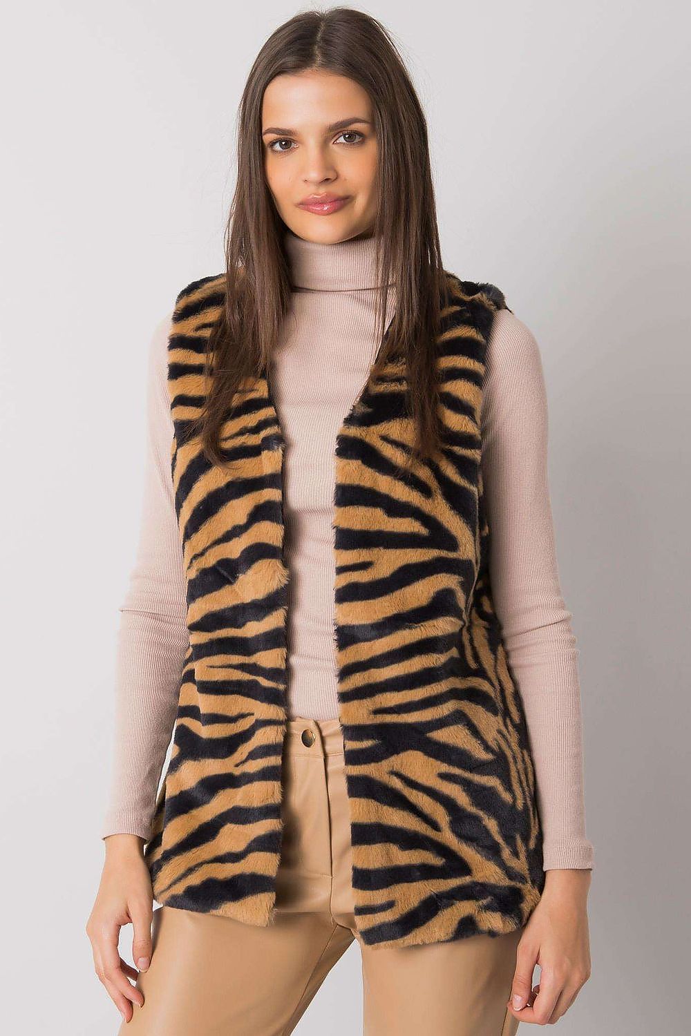 Luxurious animal print gilet vest by Yups in elegant tan and black design, featuring hook-and-eye fastening, ideal for stylish layering.