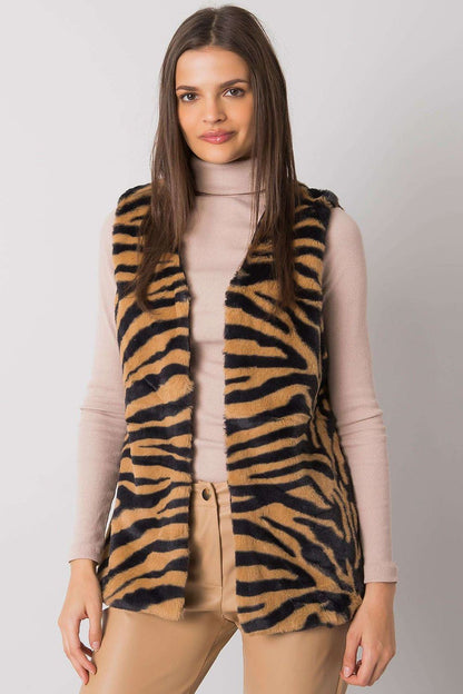 Luxurious animal print gilet vest by Yups in elegant tan and black design, featuring hook-and-eye fastening, ideal for stylish layering.