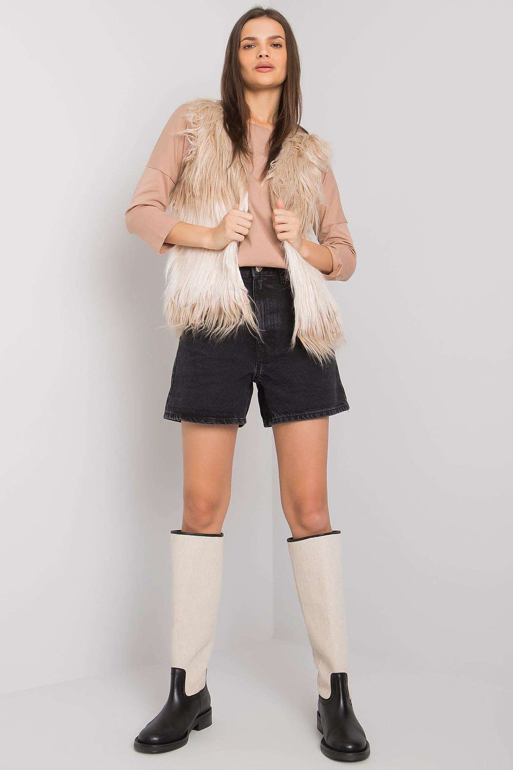 Luxury Yups Fur Vest Gilet featuring a stylish hook-and-eye fastening, available in sizes S to XL, made of 100% polyester for ultimate comfort and elegance.