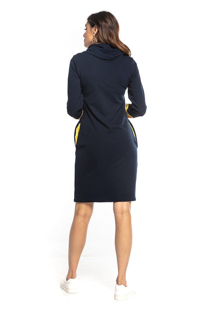 Elegant Fitted Daydress by Tessita featuring a sophisticated turtleneck and contrasting yellow sleeves, perfect for a stylish everyday look.