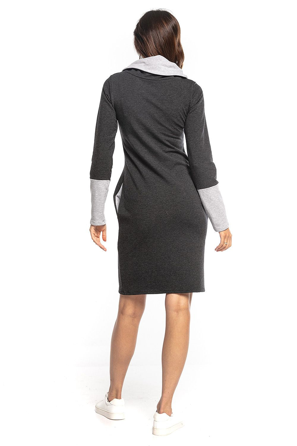 Sophisticated dark grey Tessita Daydress with a stylish back view, featuring contrasting light grey sleeves and an inviting turtleneck design.