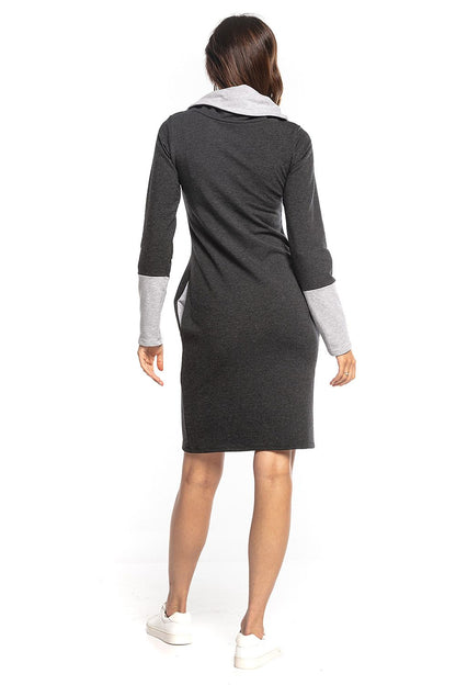 Sophisticated dark grey Tessita Daydress with a stylish back view, featuring contrasting light grey sleeves and an inviting turtleneck design.