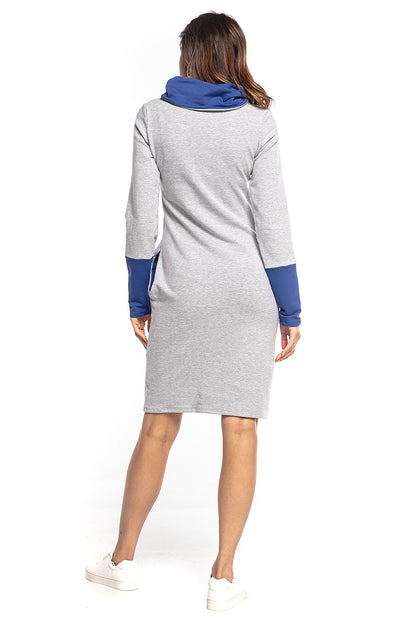 Refined back view of the light grey Fitted Daydress by Tessita, showcasing the contrasting blue turtleneck and sleeves, blending comfort with sophistication.
