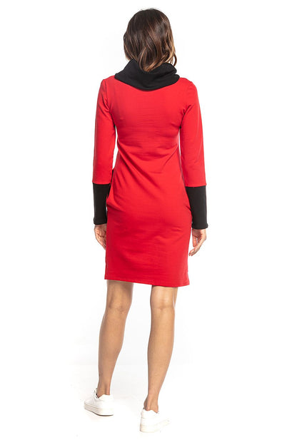 Sophisticated view of the back of a fitted Tessita daydress in striking red with a chic turtleneck and black contrasting sleeves, ideal for stylish casual outings.