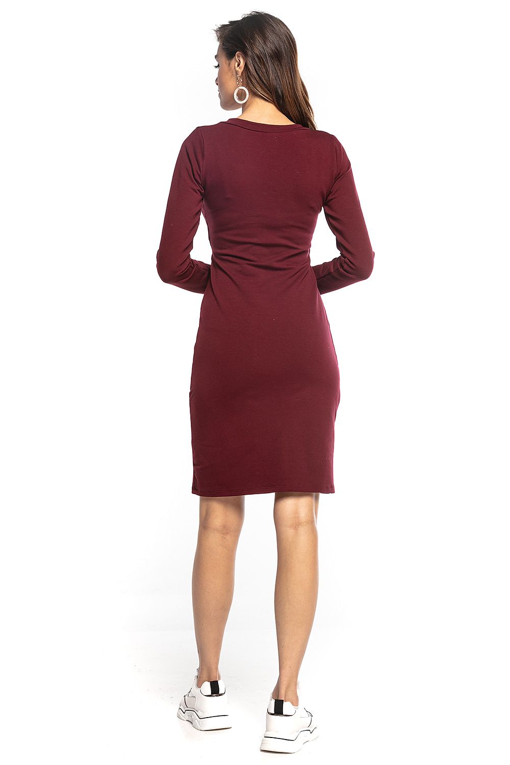 Elegant maroon Tessita lightweight sweatshirt knit dress featuring long sleeves and a stylish envelope front, perfect for a chic day out.