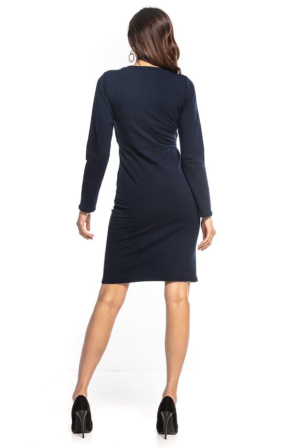Luxurious navy Tessita sweatshirt knit dress featuring long sleeves and an envelope front, designed for an effortlessly elegant look.