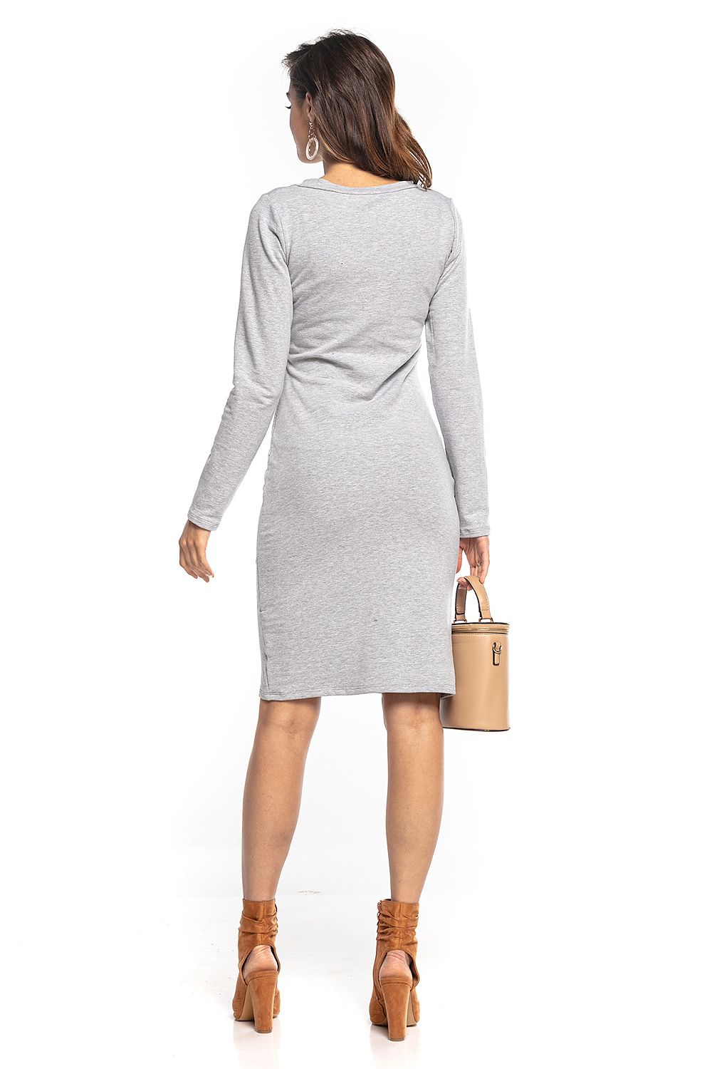 Model displaying the light grey Tessita Lightweight Sweatshirt Knit Dress from the back, showcasing its flattering fit and long sleeves.