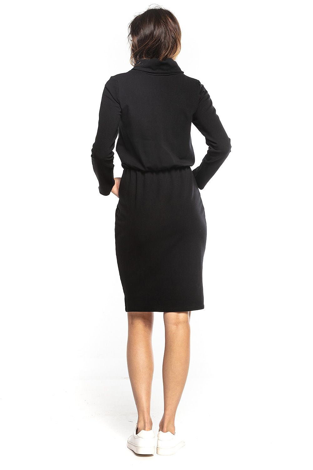 Back view of the Tessita Sporty Midi Dress in sleek black, highlighting the comfortable design with a cinched waist and long sleeves.