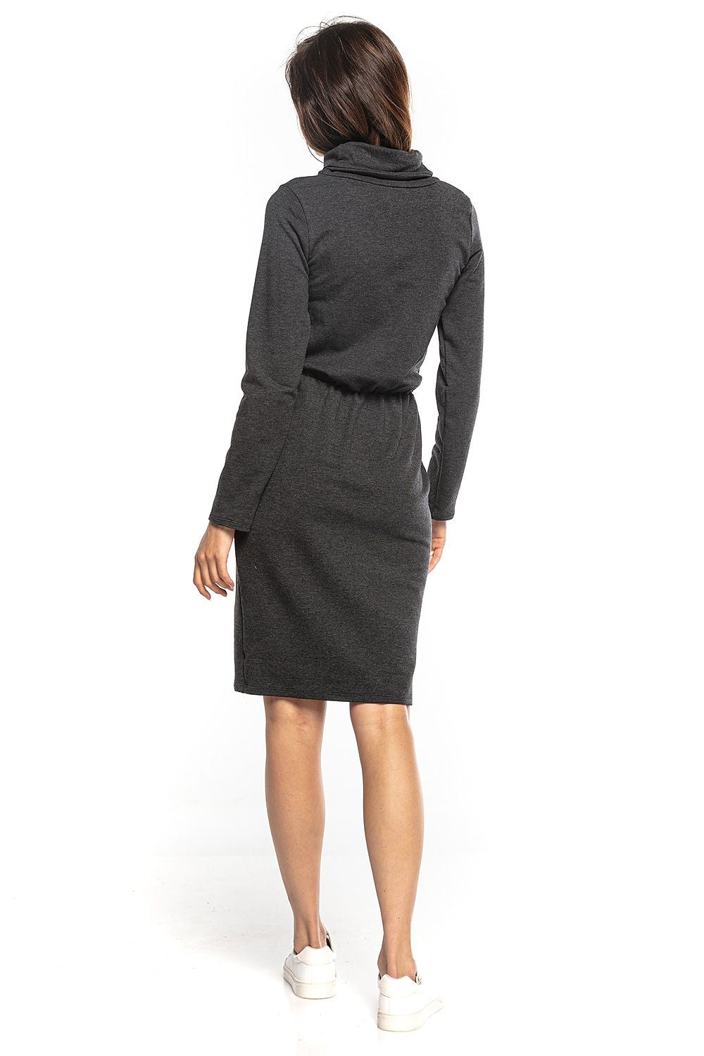 Elegant Tessita sporty midi dress with turtleneck and long sleeves in dark grey, featuring a cinched waist and kangaroo pocket, showcased on a model from a rear view.
