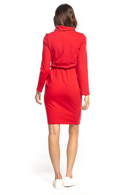 Stylish red Tessita sporty midi dress with turtleneck and long sleeves, featuring an elasticized waist and kangaroo pocket, displayed on a model from the back.